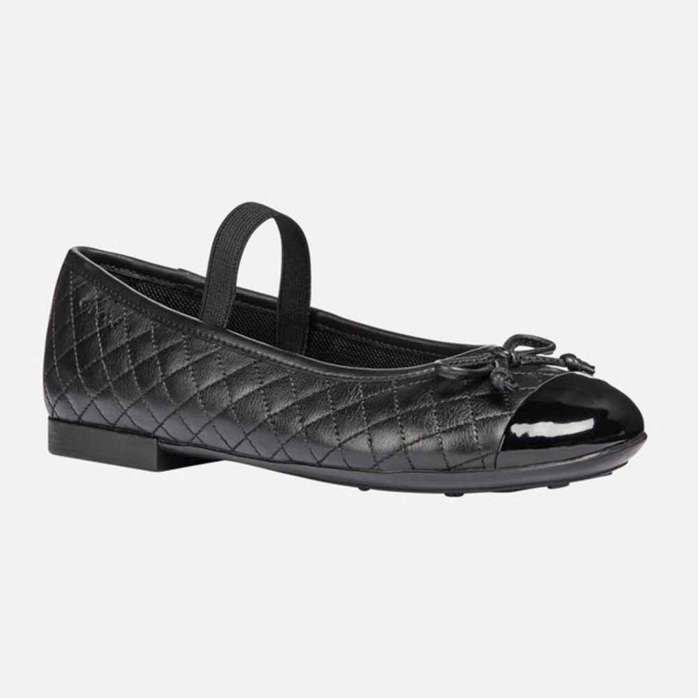 Geox Plie Girl Quilted Black Leather Patent Toe Ballet Flats with Elastic Strap - Picture 3 of 14